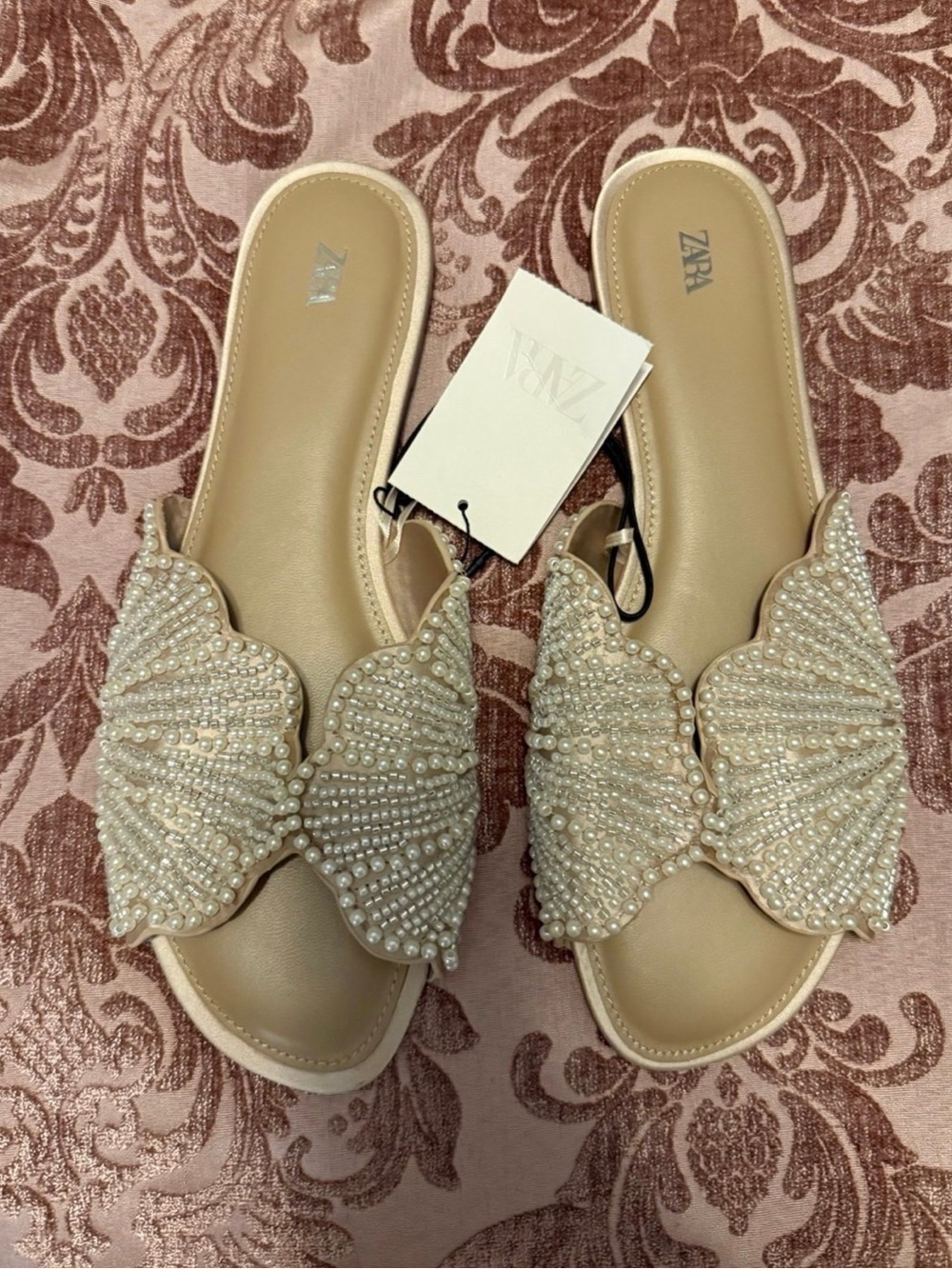 ZARA Beige Pearl Beaded Slide Sandals